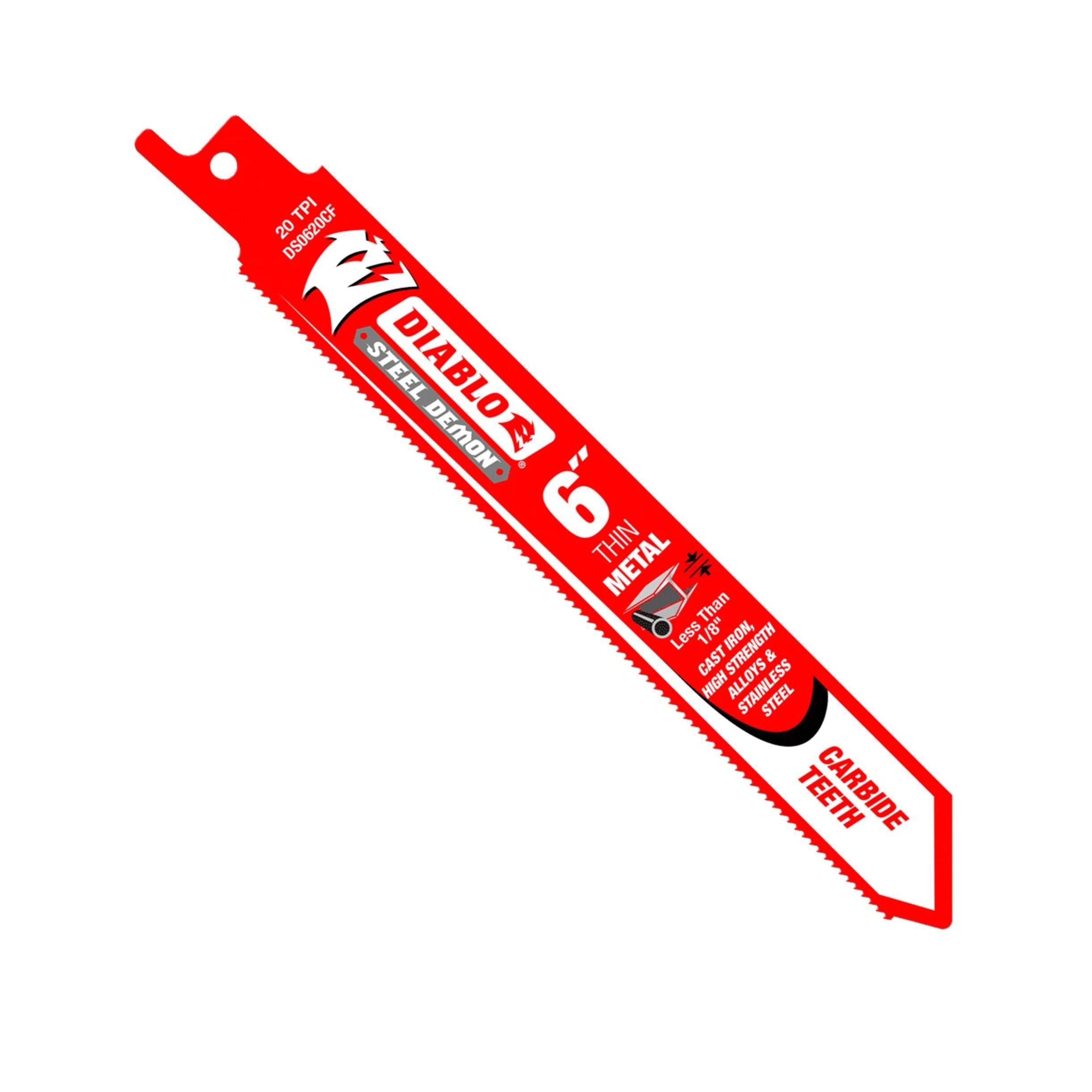 The Diablo Steel Demon DS0620CF 6 20TPI reciprocating saw blade features TiCo™ Hi-Density carbide teeth, ideal for extreme thin metal cutting.